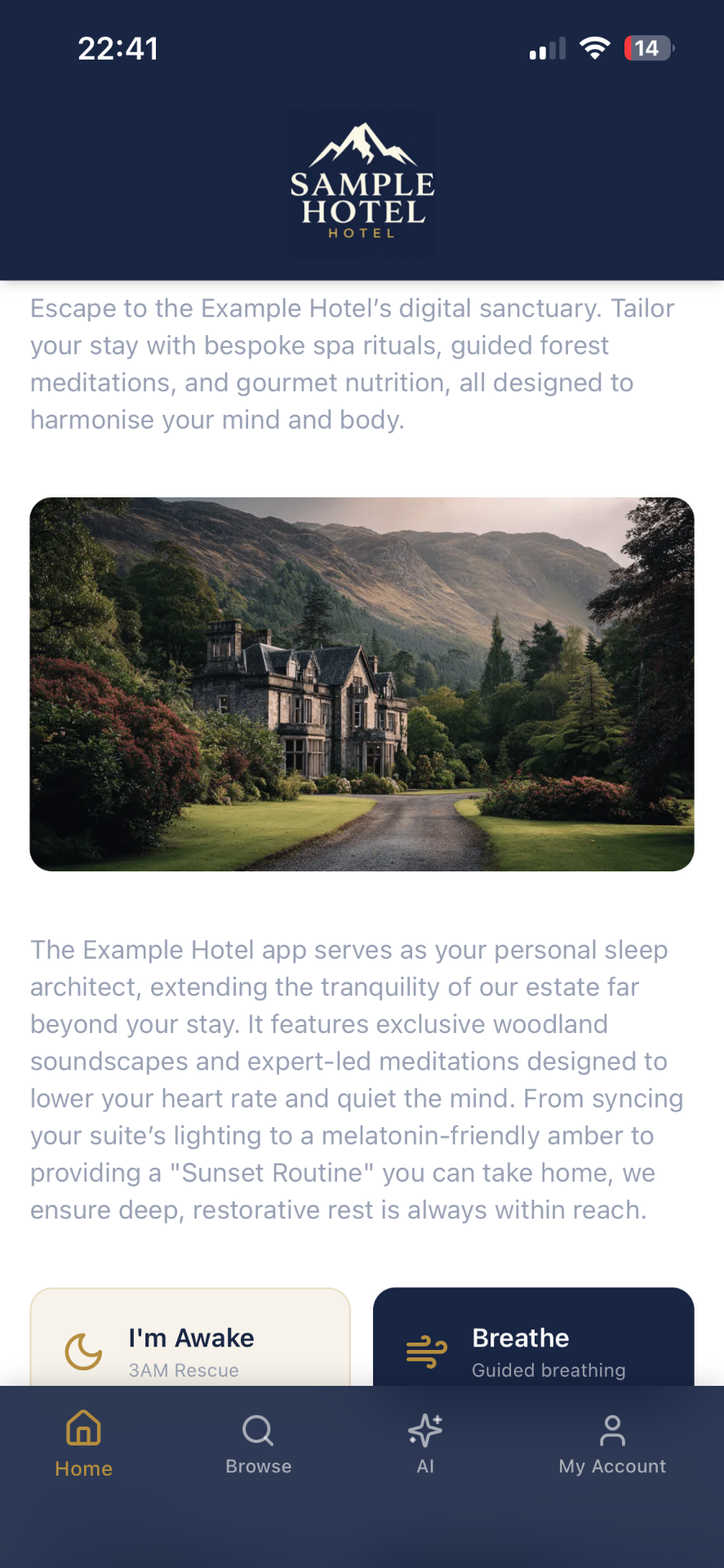 Branded guest app home screen for a sample hotel