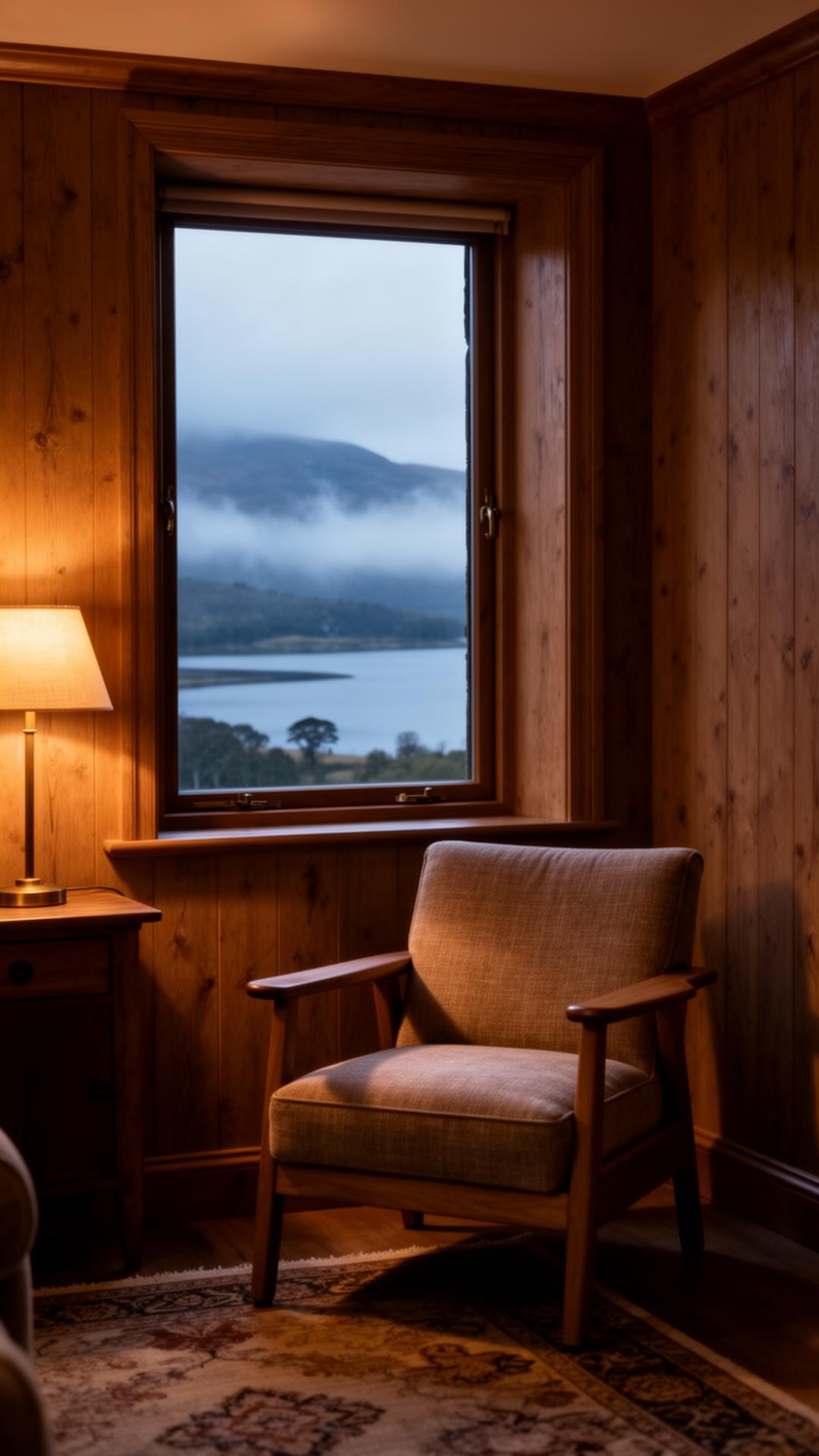 A quiet corner of a Scottish country house at dusk, looking out over a misty Highland loch