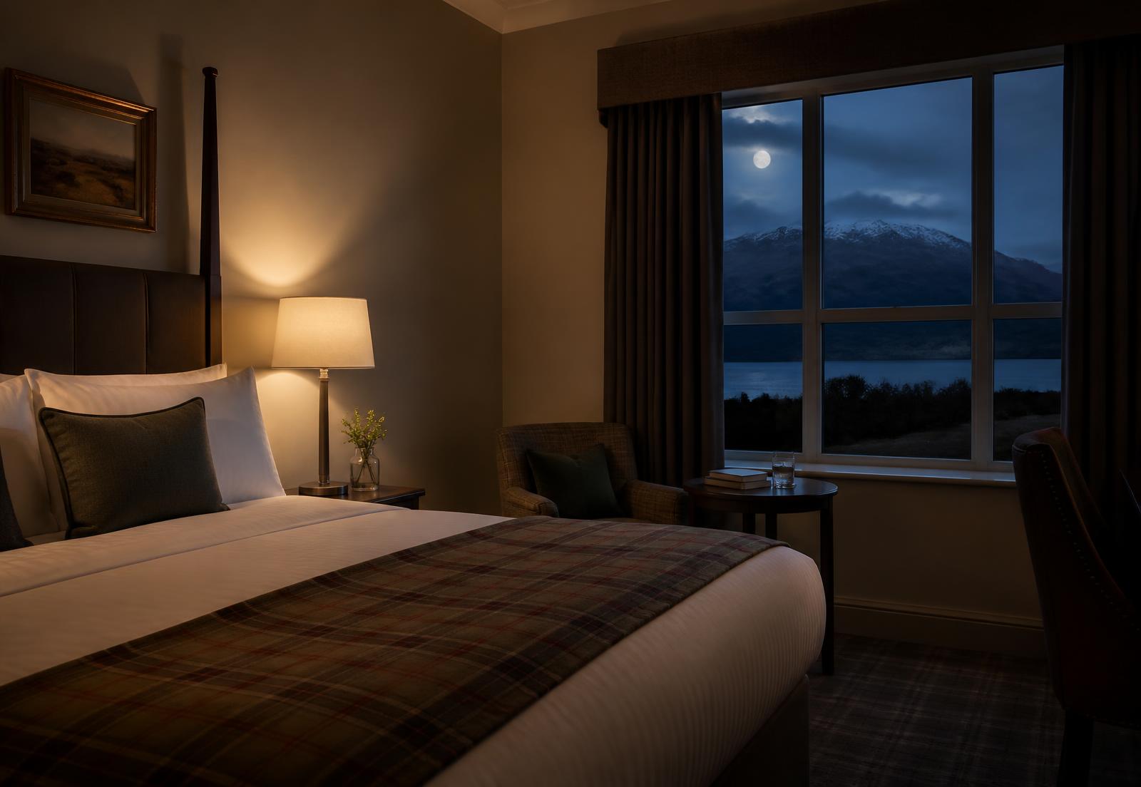A calm, dimly lit Scottish hotel bedroom at night with a moonlit loch and hills beyond the window